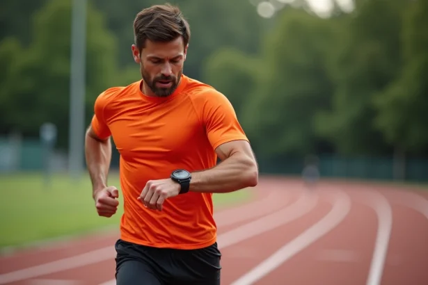 Coureur masculin consultant sa montre GPS lors d'un entraînement marathon sur piste, conversion mile km en pratique