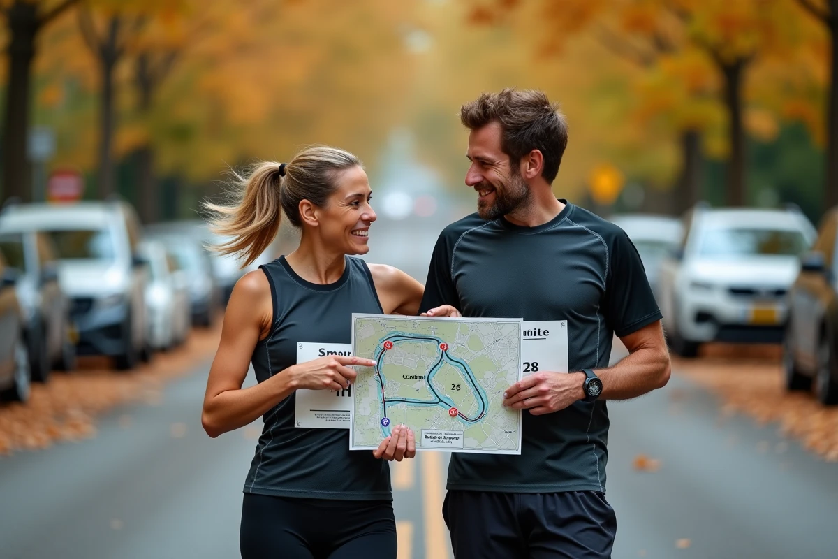 Deux coureurs étudiant une carte de parcours marathon avec les marqueurs en miles et kilomètres après une sortie longue