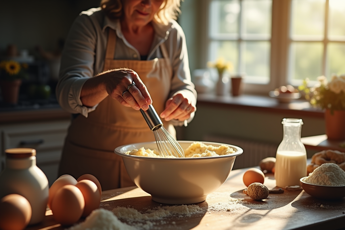 Main d'une personne âgée fouettant la pâte à gâteau dans une cuisine rustique