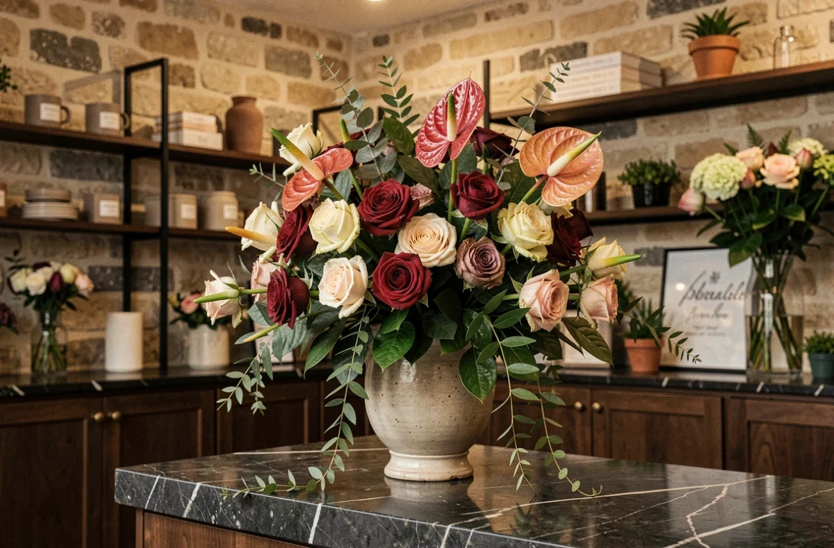 Bouquet sculptural de roses et d'anthuriums dans un vase en céramique sur un comptoir en marbre noir, style boutique Debeaulieu à Paris