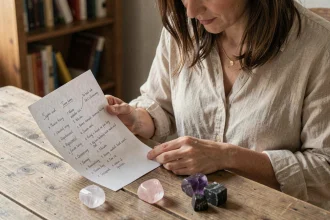Femme débutante en lithothérapie lisant une liste de pierres avec des cristaux posés sur une table en bois