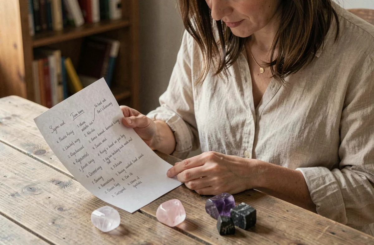 Femme débutante en lithothérapie lisant une liste de pierres avec des cristaux posés sur une table en bois