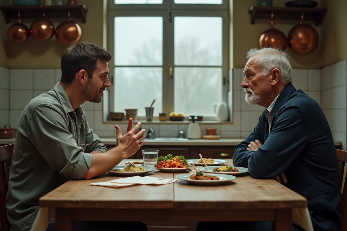 Confrontation entre deux hommes autour d'une table de cuisine, l'un adoptant une attitude condescendante illustrant la définition du goujat