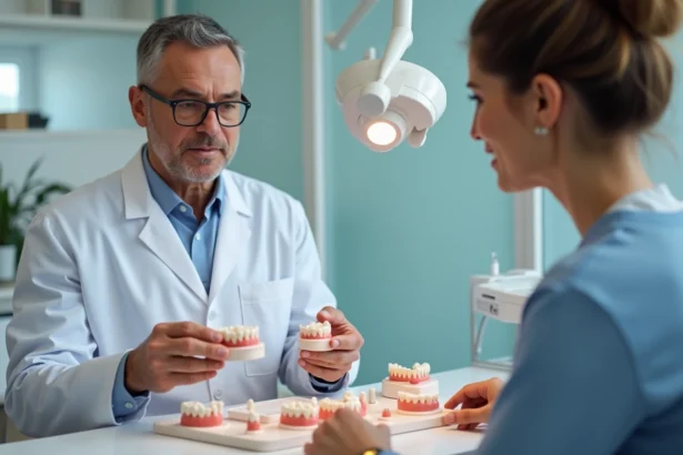 Dentiste montrant des modèles de ponts dentaires à une patiente