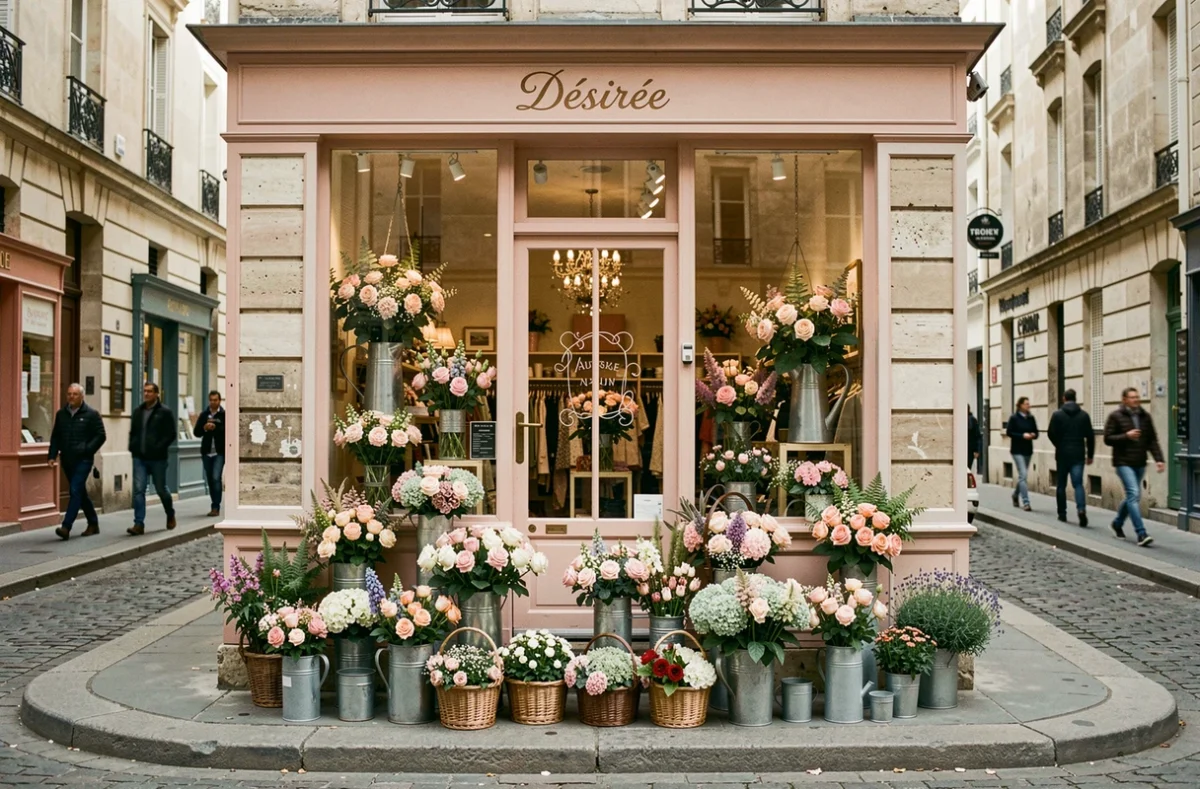 Devanture fleurie d'une boutique parisienne romantique avec des compositions en vases vintages sur le trottoir, évoquant l'univers de Désirée