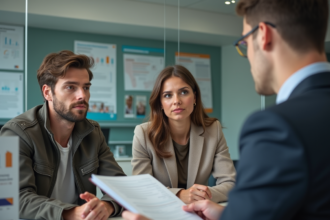 Femme et jeune homme discutant avec un professionnel dans un bureau administratif français