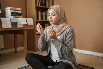 Jeune femme musulmane en supplication sur un tapis de prière dans sa chambre d'étudiante, les mains levées vers Allah avant de prendre une décision sur ses études