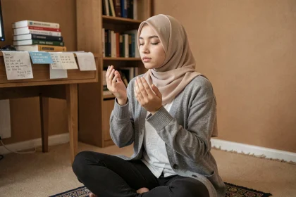 Jeune femme musulmane en supplication sur un tapis de prière dans sa chambre d'étudiante, les mains levées vers Allah avant de prendre une décision sur ses études