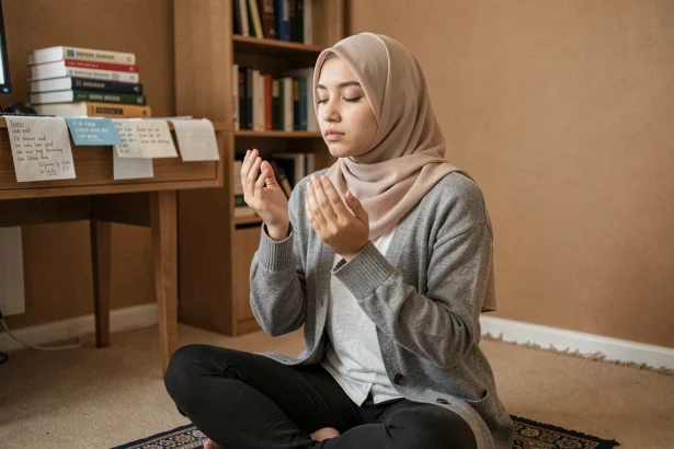 Jeune femme musulmane en supplication sur un tapis de prière dans sa chambre d'étudiante, les mains levées vers Allah avant de prendre une décision sur ses études