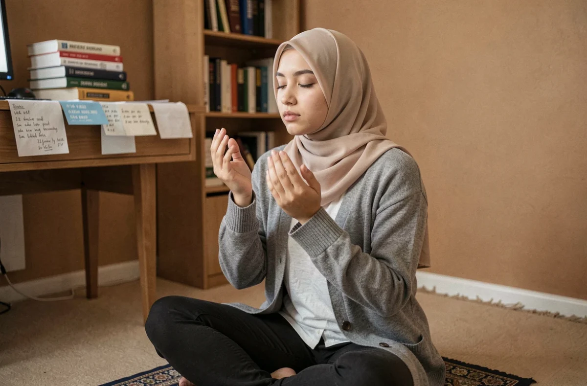 Jeune femme musulmane en supplication sur un tapis de prière dans sa chambre d'étudiante, les mains levées vers Allah avant de prendre une décision sur ses études