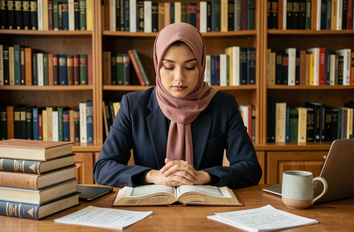 Femme musulmane assise en méditation devant un Coran ouvert dans une bibliothèque, réfléchissant après avoir accompli la douaa istikhara pour guider ses choix d'études
