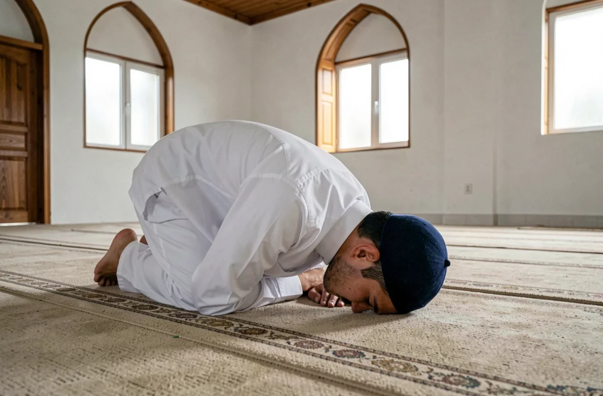 Jeune homme musulman en prosternation dans une mosquée universitaire, accomplissant la prière de l'istikhara avant un choix important dans ses études