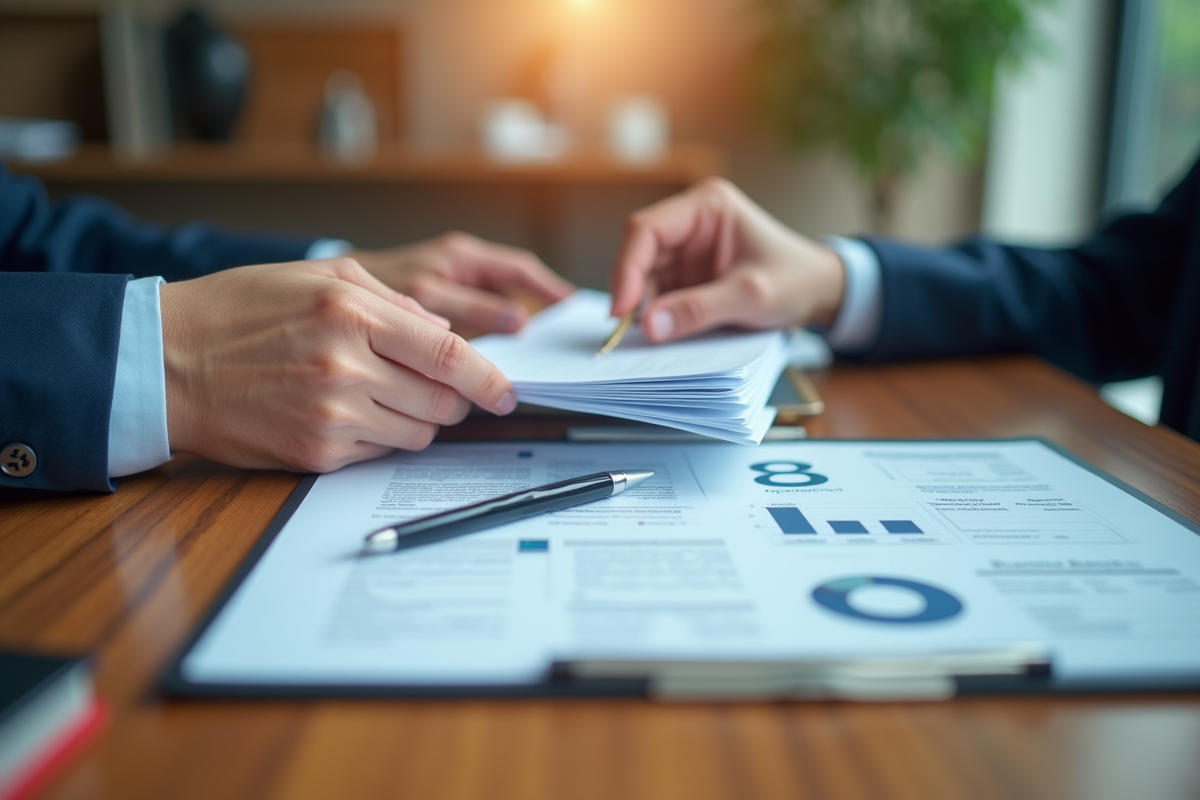Mains échangeant des papiers et un stylo sur un bureau en bois