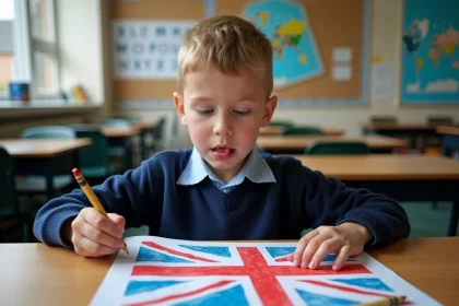 Jeune écolier coloriage du drapeau du Royaume-Uni Union Jack en classe primaire britannique