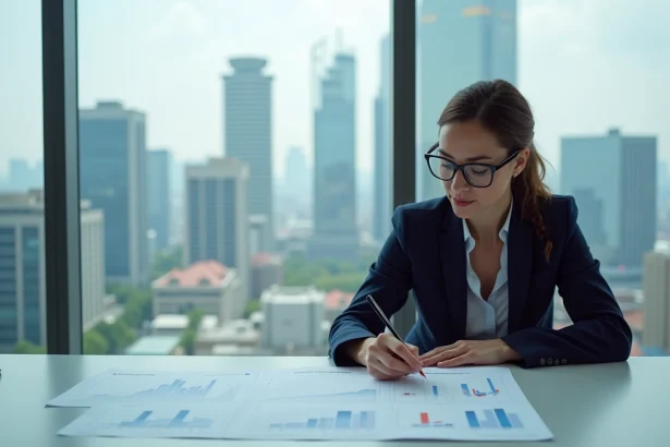 Économiste analysant des graphiques de comparaison entre pays développés et pays émergents dans un bureau moderne avec vue sur la ville