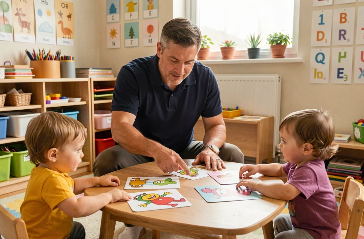Éducateur de crèche utilisant des flashcards des Télétubbies Dipsy et Laa-Laa pour développer le vocabulaire de jeunes enfants