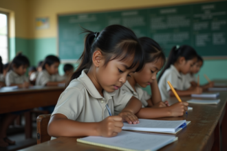 Groupe d'enfants philippins en classe rurale avec tableaux