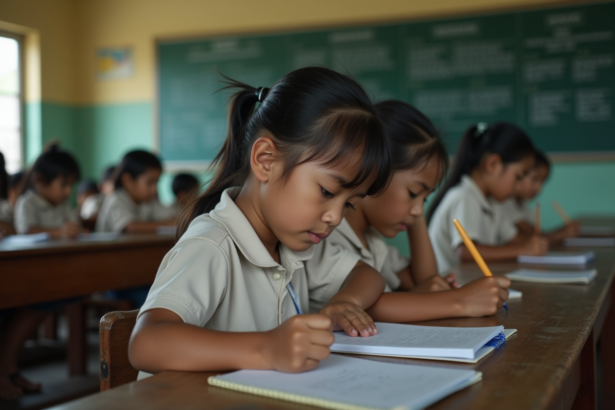 Groupe d'enfants philippins en classe rurale avec tableaux