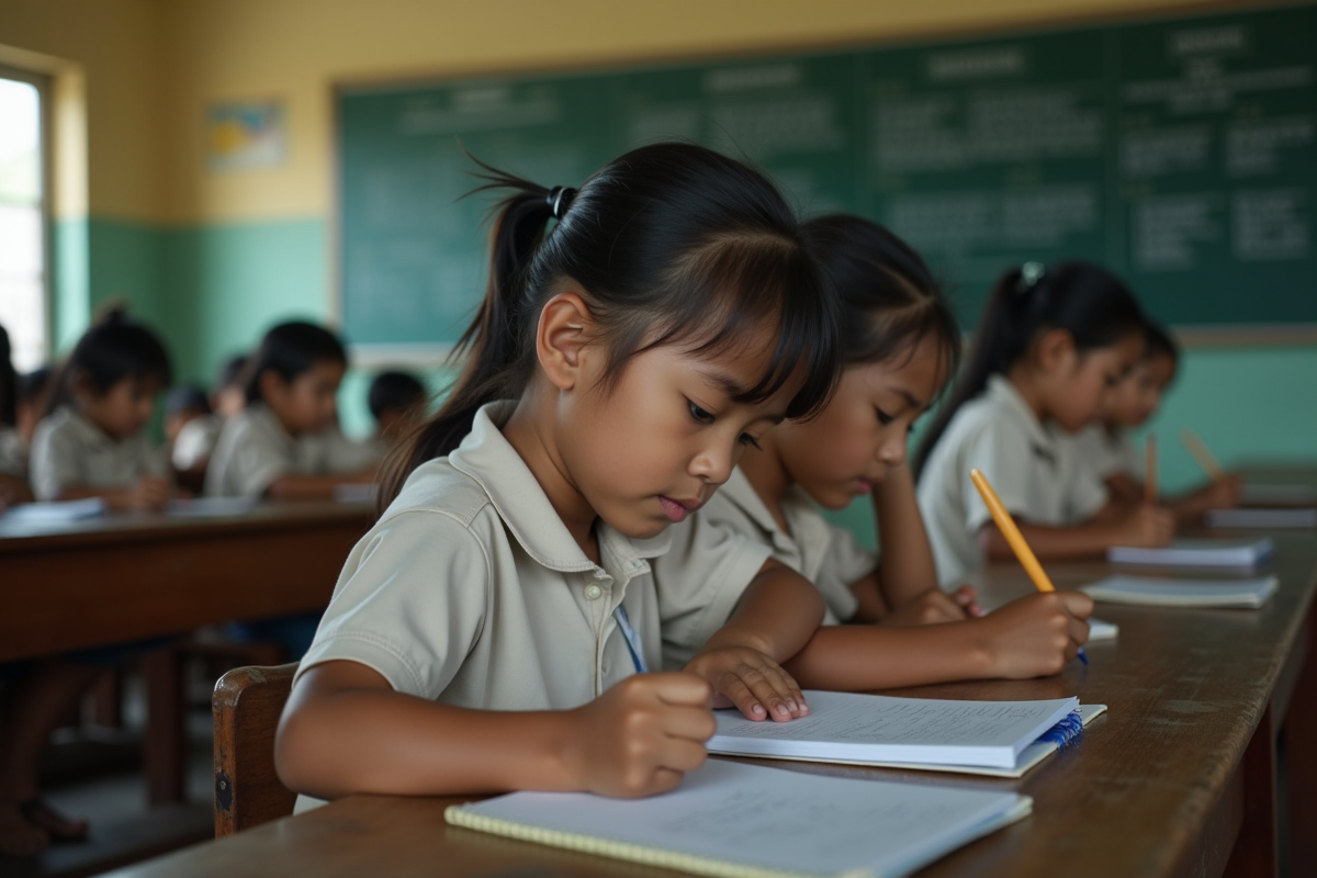 Groupe d'enfants philippins en classe rurale avec tableaux