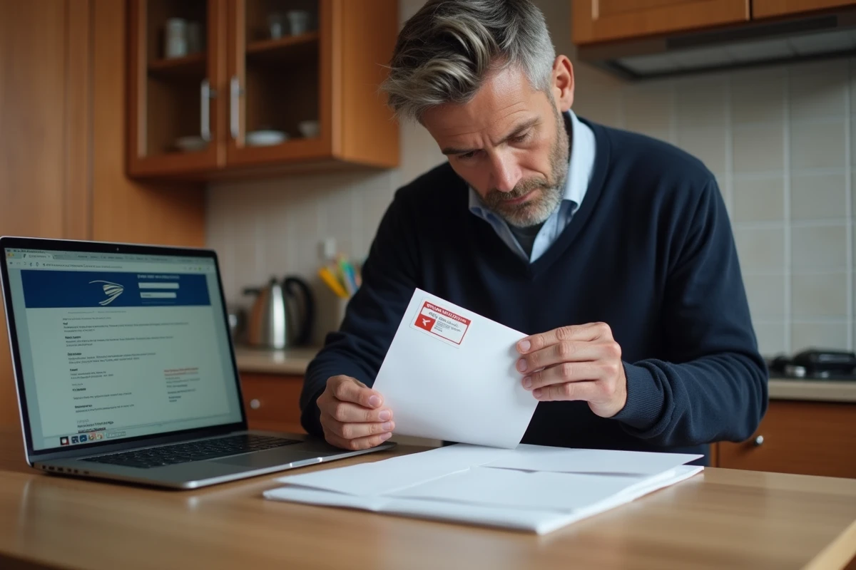 Homme vérifiant l'emplacement d'un timbre imprimé à domicile sur une enveloppe blanche, avec un ordinateur portable affichant un site de timbre en ligne