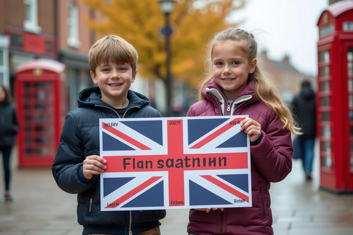 Deux enfants tenant une affiche pédagogique du drapeau du Royaume-Uni dans une rue britannique
