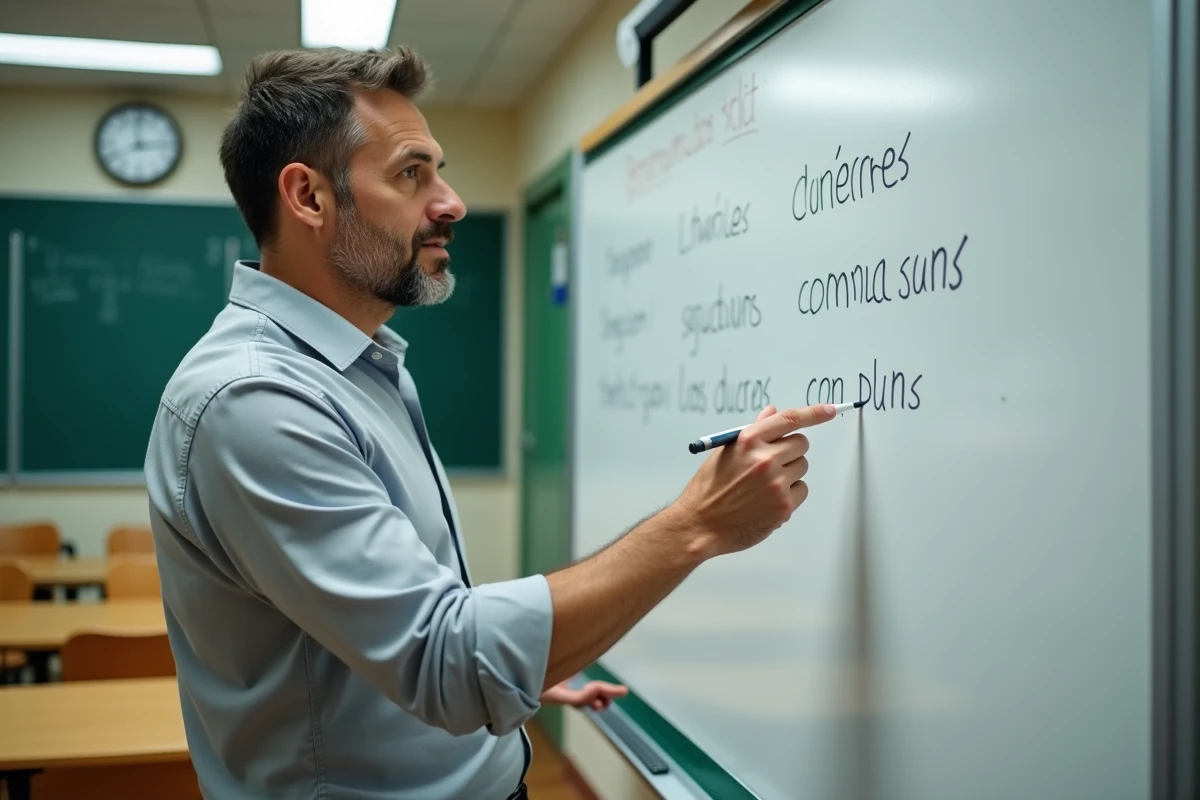 Enseignant expliquant une erreur fréquente de conjugaison du verbe faire au tableau
