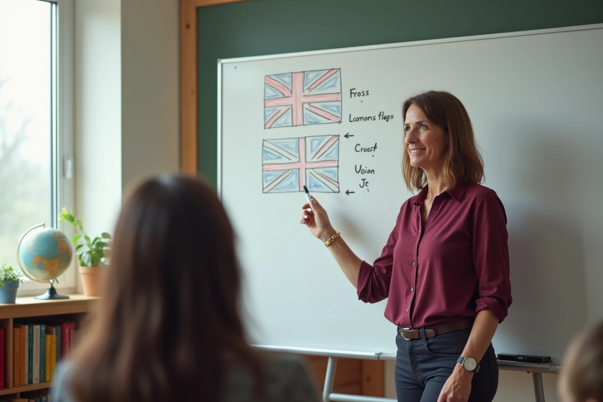 Enseignante expliquant la composition du drapeau britannique Union Jack sur tableau blanc en classe