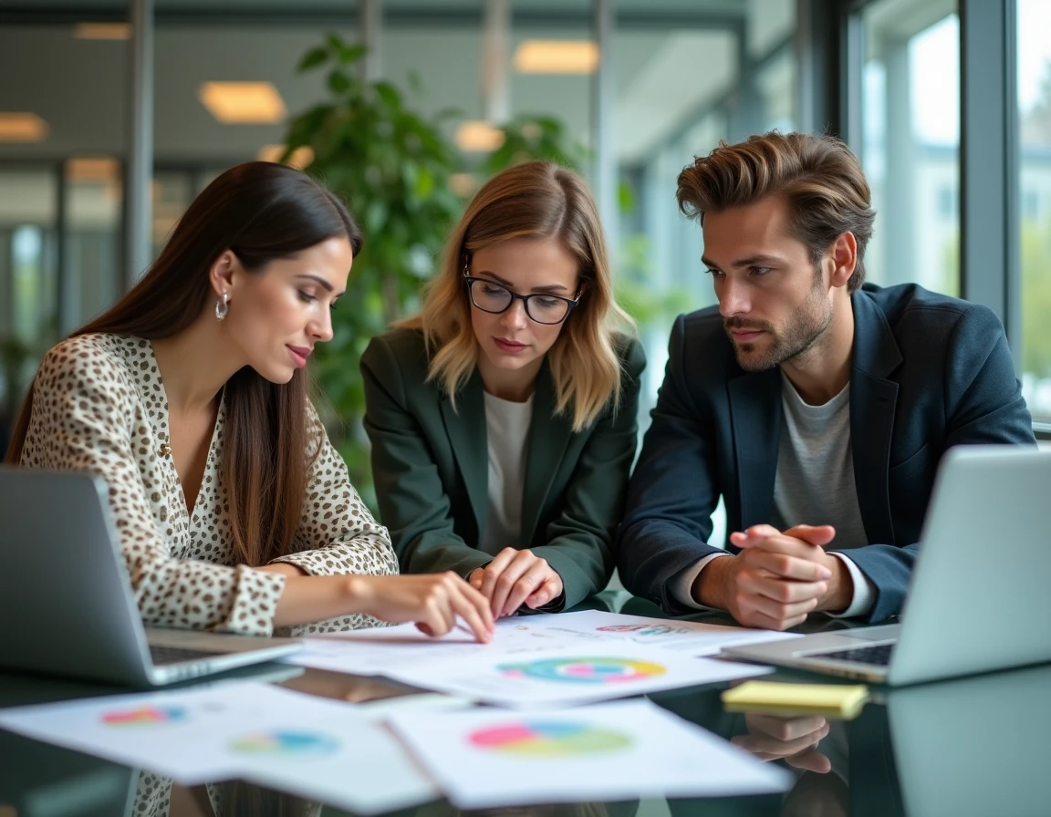 Équipe de professionnels en réunion de brainstorming autour d'une stratégie digitale disruptive dans un espace de coworking moderne