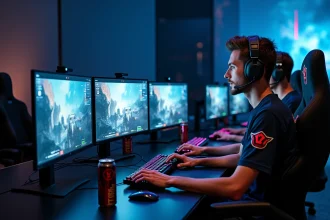 Équipe de gamers concentrés sur un jeu de guerre multijoueur dans une salle esports professionnelle