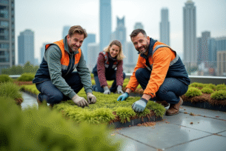 Equipe de paysagistes posant un toit vert en ville