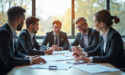Groupe de professionnels discutant de documents en bureau lumineux