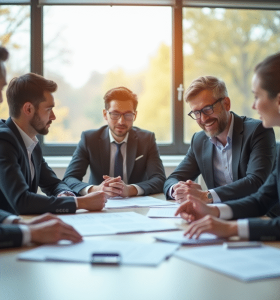 Groupe de professionnels discutant de documents en bureau lumineux