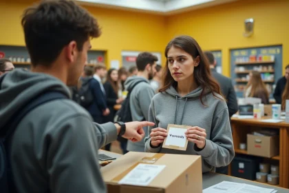 Jeune femme perplexe au comptoir de La Poste avec un colis Vinted mal emballé et une étiquette d'envoi à la main