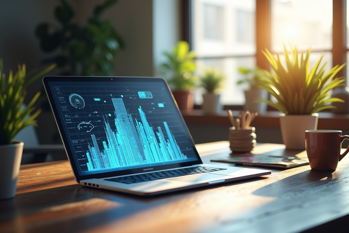 Espace de travail créatif avec une tablette et visualisations 3D en réalité augmentée