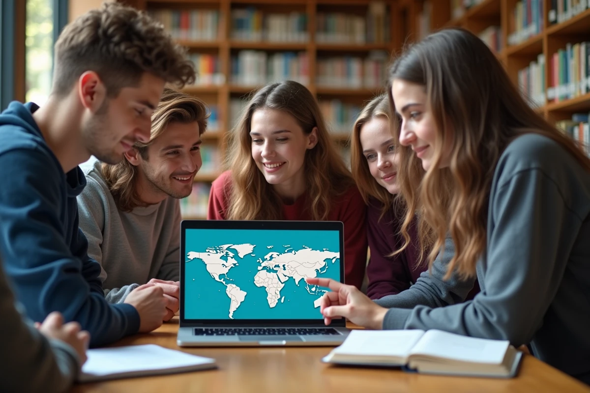 Groupe d'étudiants universitaires étudiant la classification des pays développés et émergents sur une carte économique mondiale