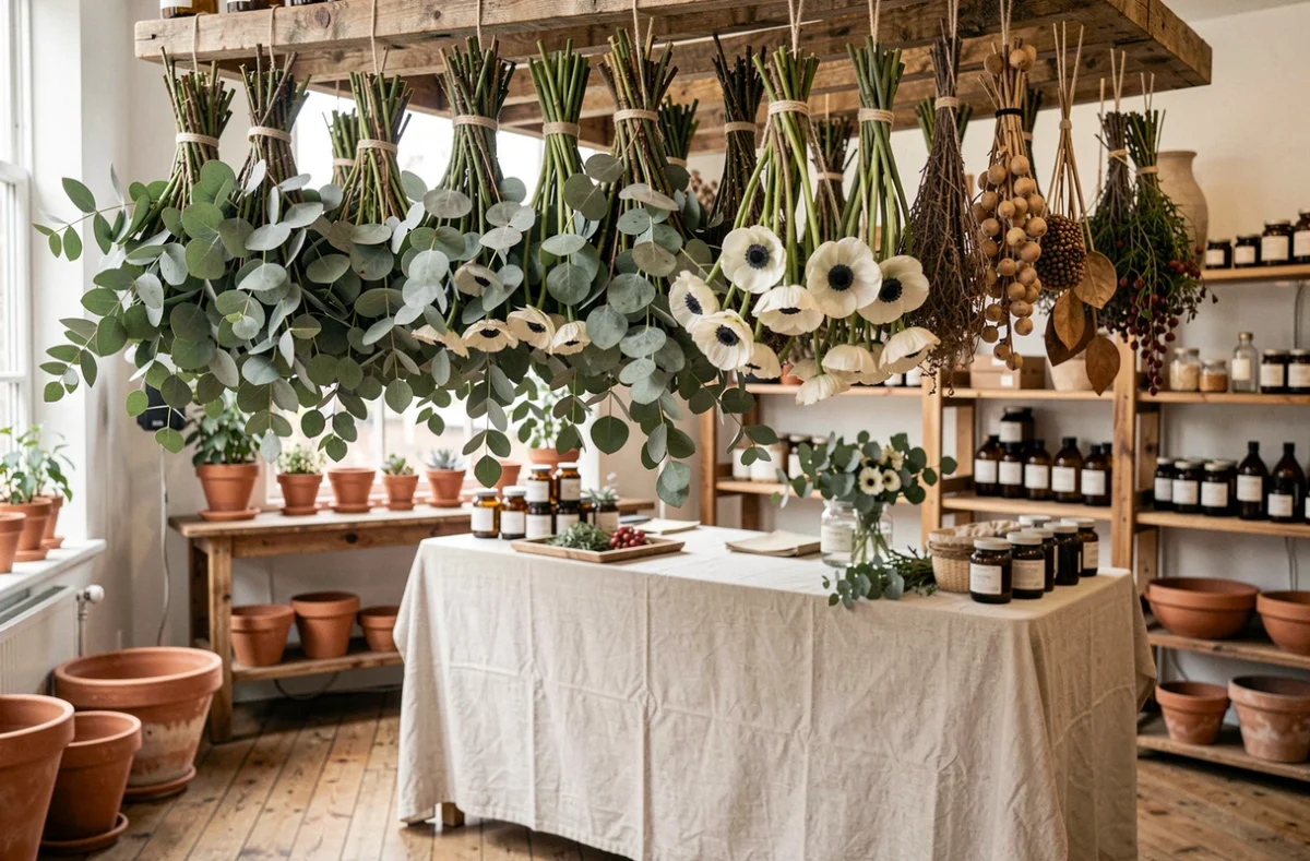 Branches d'eucalyptus et anémones blanches suspendues au plafond d'une boutique florale parisienne à l'atmosphère botanique, style Eucalyptus Paris