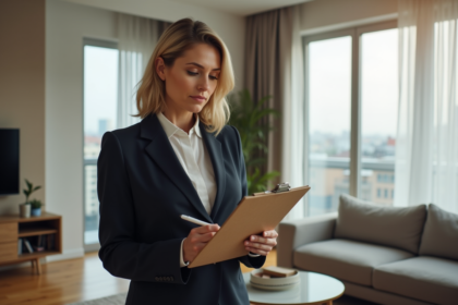 Inspectrice immobiliere en costume dans un appartement