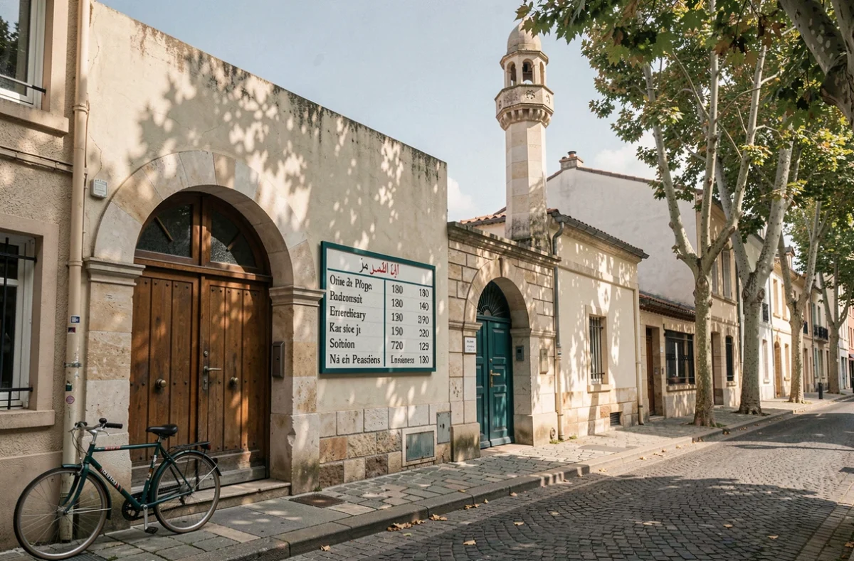 Façade d'une mosquée avec tableau des horaires de prière en français et arabe dans une rue de Béziers