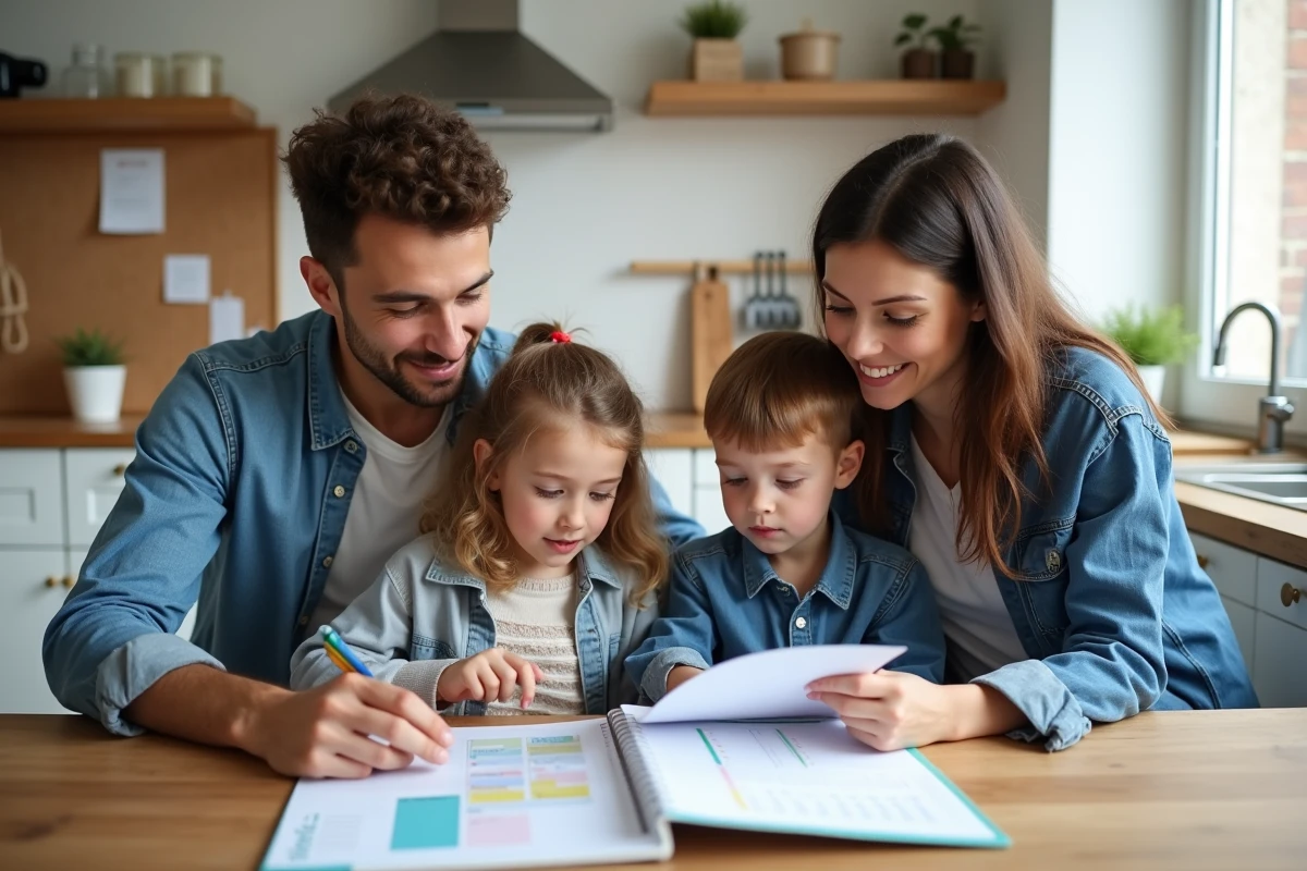 Famille de quatre organisant leur planning familial à la cuisine