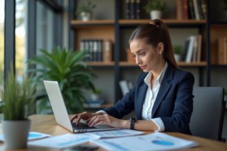 Jeune femme d'affaires en bureau moderne regardant des graphiques