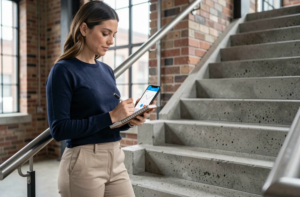 Femme utilisant une application mobile pour convertir la pente d'un escalier en béton de degrés en pourcentage dans un espace loft moderne