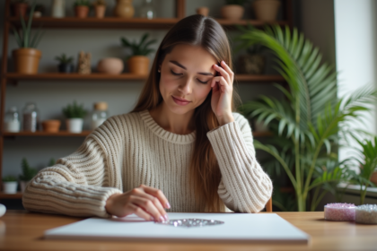 Femme concentrée assemble un kit de diamant peinture dans un espace cosy