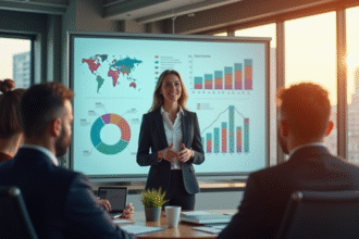Femme confiante présentant des graphiques aux investisseurs