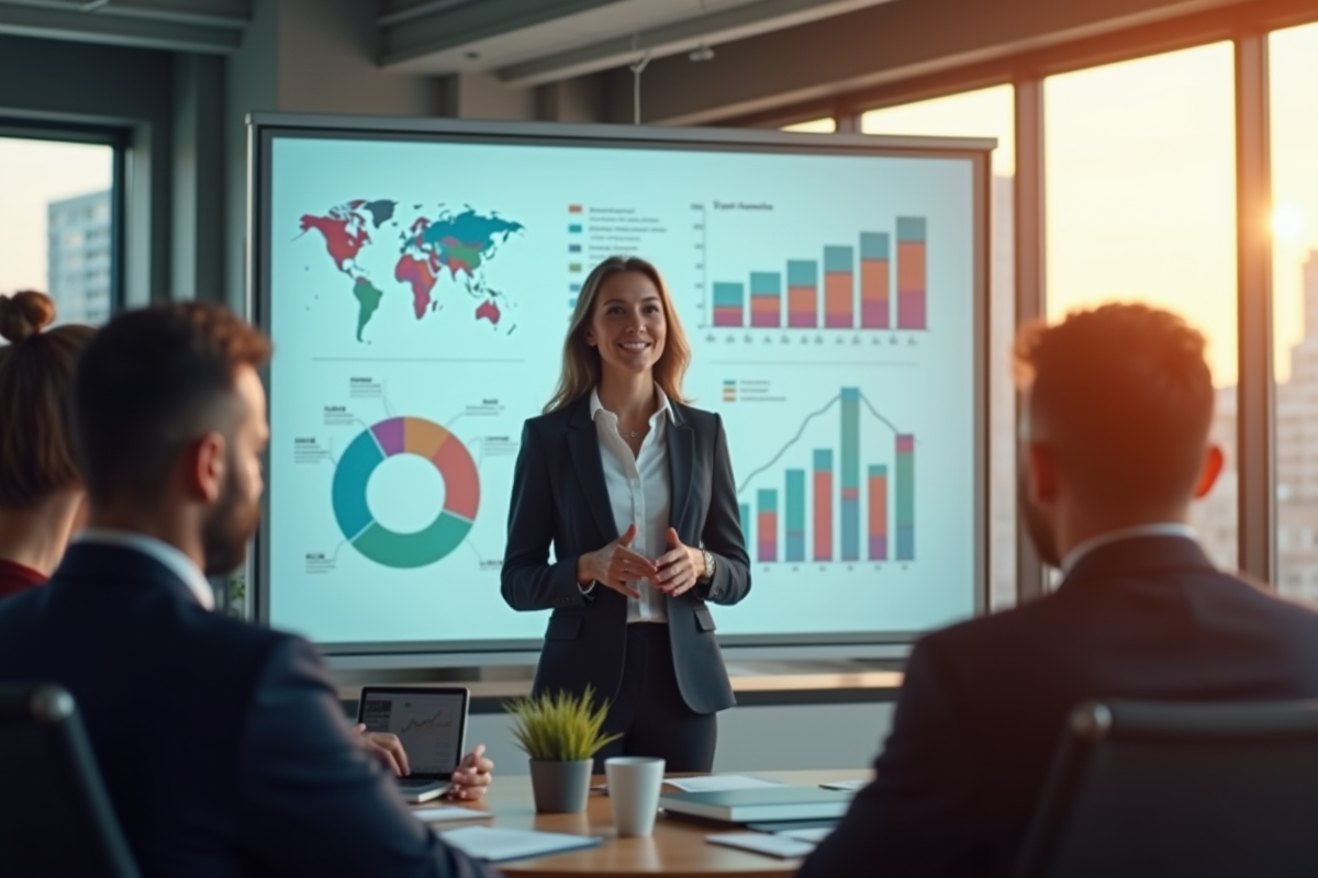 Femme confiante présentant des graphiques aux investisseurs