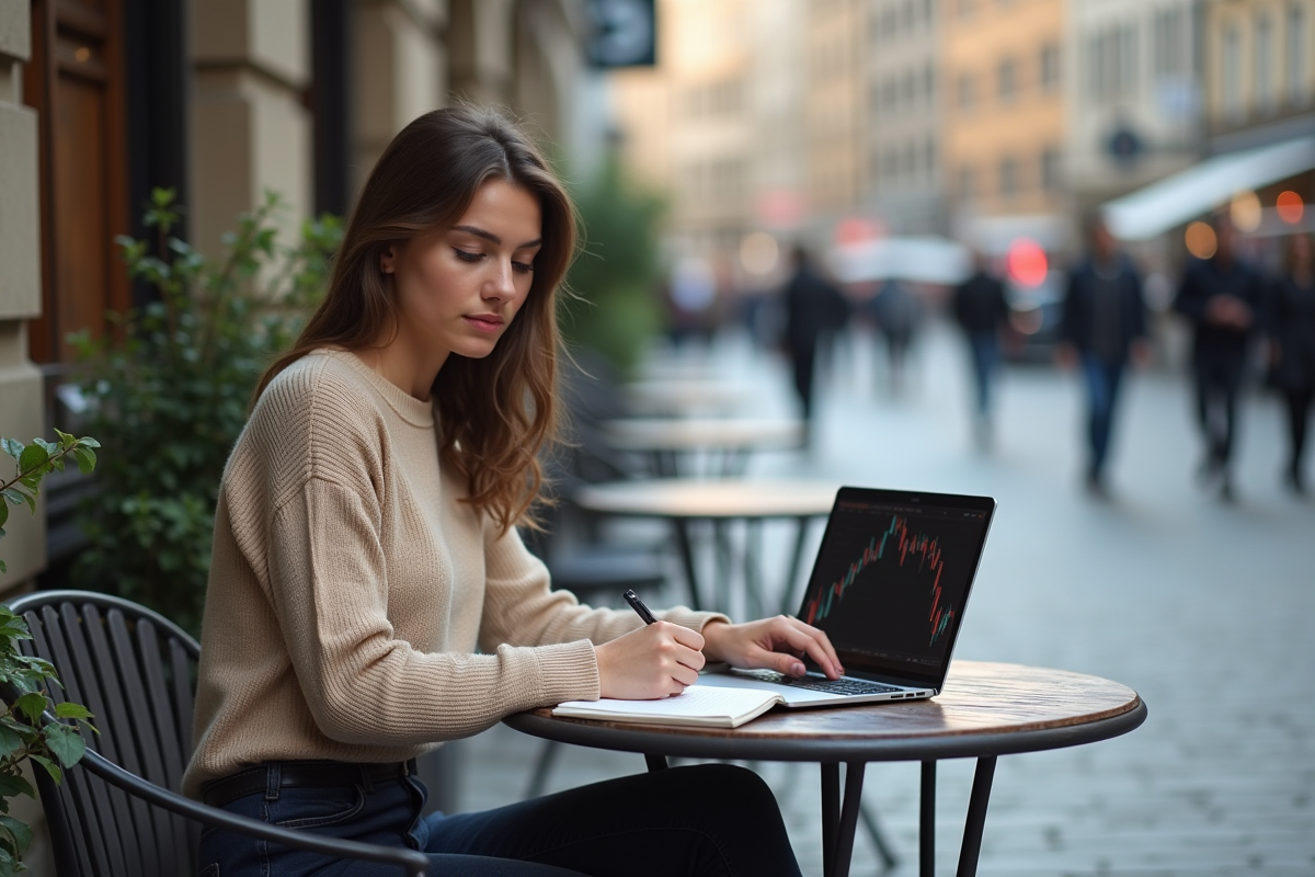 Jeune femme analysant des données boursieres au café