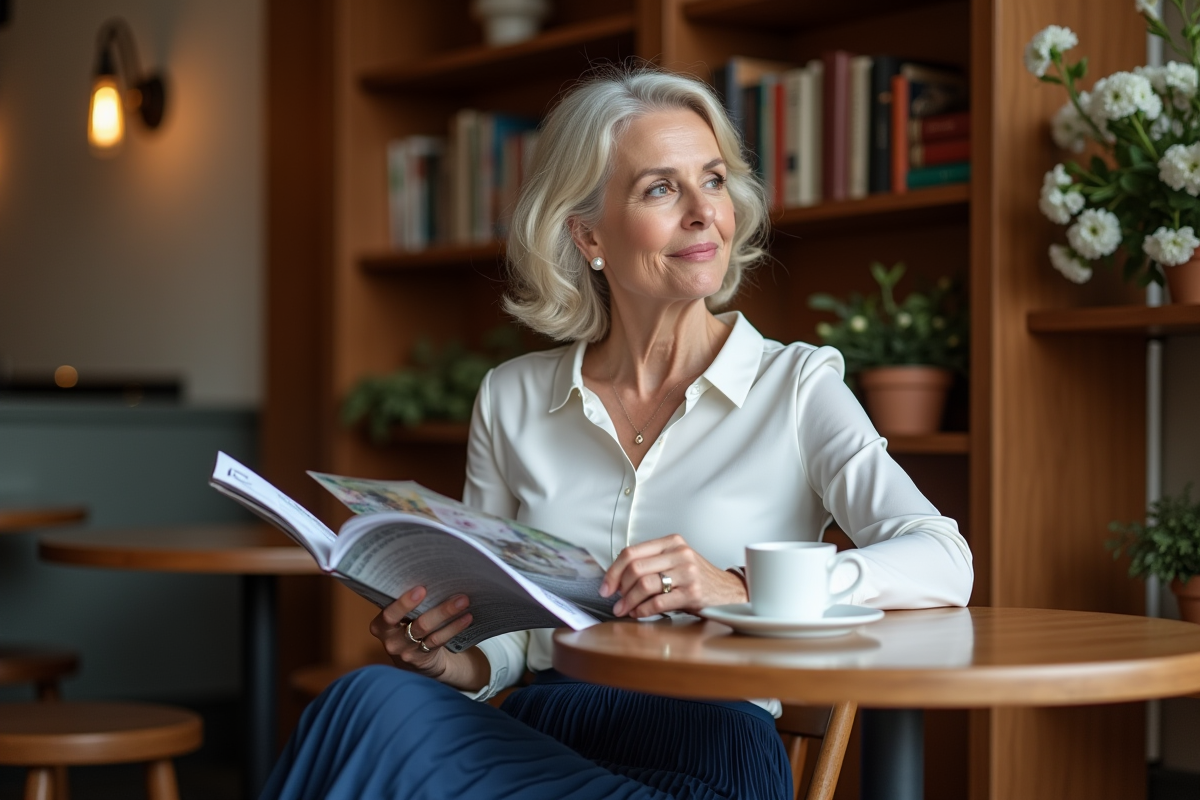 Femme assise dans un café intérieur avec tasse à espresso