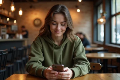 Jeune femme perplexe regardant son smartphone dans un café, découvrant un mot inventé viral sur les réseaux sociaux