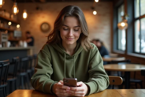 Jeune femme perplexe regardant son smartphone dans un café, découvrant un mot inventé viral sur les réseaux sociaux