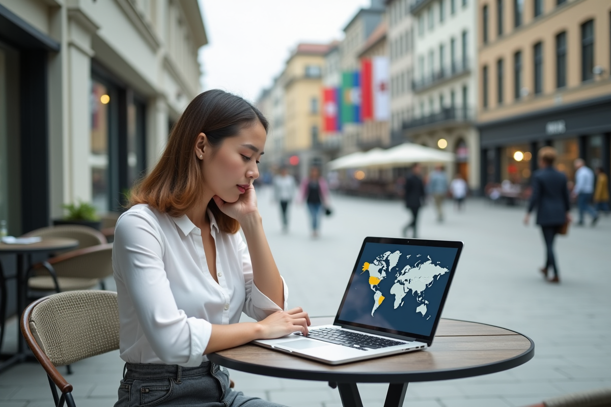 Jeune femme au café regardant une carte fiscale mondiale sur son ordinateur