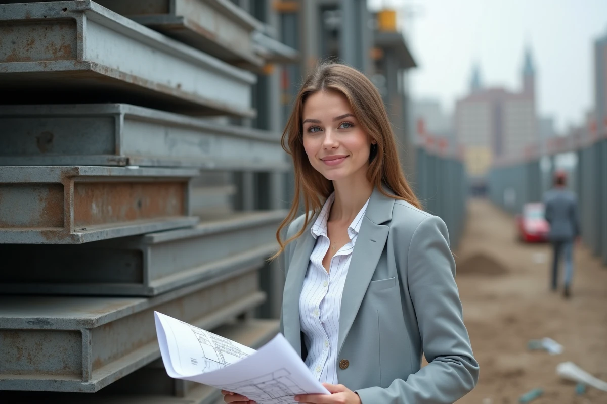 Jeune femme avec plans et métaux sur site urbain